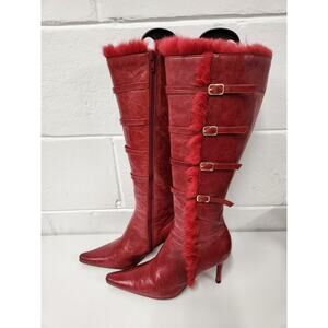 Vintage Beston Women's Red High Heels Tall Boots, Sz 7. Buckle/Rabbit Fur Accent